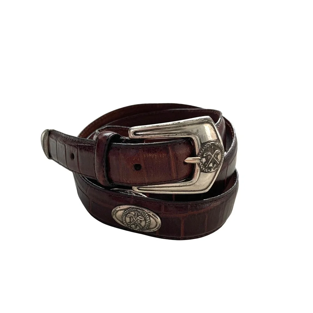 Italian Leather CrocodileGolf Concho Belt Brown Vintage Silver Tone Size 40